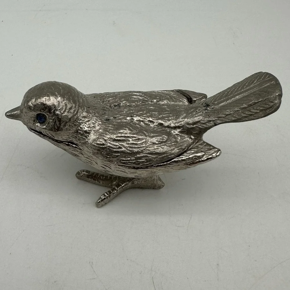 Vintage FLORENZA Silver Cast Metal Green Rhinestone Eyed Bird Trinket Box 3